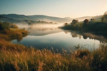 Fototapeta na wymiar sunrise over the lake made with generative ai
