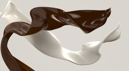 Milk and chocolate streams, pouring wave lines white and brown swirl liquids isolated on background 3d render. Dynamic splashes of hot coffee and cream flow mixed for promo ad design. 3D illustration