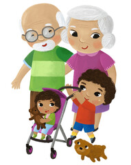 cartoon child kid boy taking care oh his little sister childhood with grandparents grandma grandpa illustration for kids with dog