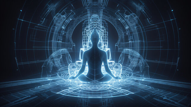 futuristic spiritual meditation, cyberspace metaverse cyberpunk blueprint - by generative ai