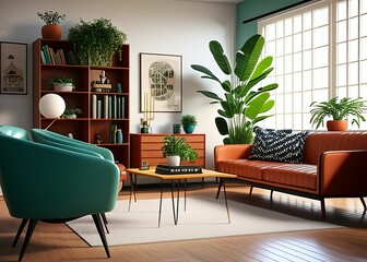 a living room with orange leather furniture and plant life in the corner