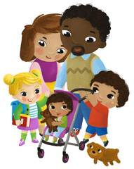 cartoon scene with family and kids illustration for children