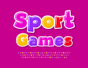 Vector playful banner Sport Games with bright Font for Kids. Colorful set of creative Alphabet Letters, Numbers and Symbols