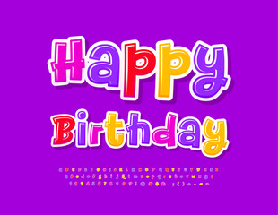 Vector funny Greeting Card Happy Birthday. Colorful Glossy Font. Bright Alphabet Letters and Numbers