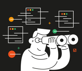 Internet search. The process of discovery and research in the network. Cartoon man looks with binoculars. Observation, mission, identification.