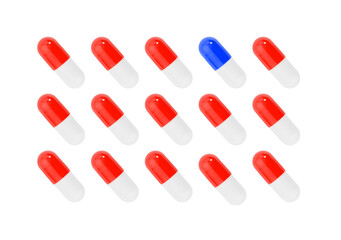 Pharmaceutical background, seamless pattern of red pills on a white background.