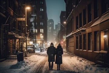 Rear view of a man and woman walking down a cold winters city street - Powered by Adobe