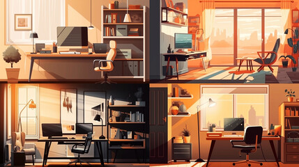 A series of illustrative images of home office interior