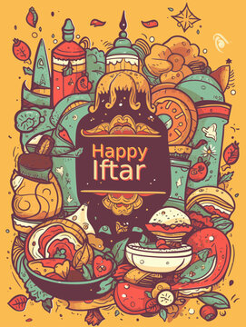 Iftar Fastenbrechen Illustration Vektor mit Moschee und Bergen von Essen