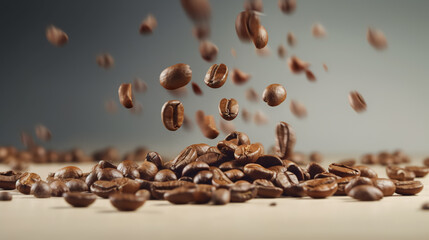 Obraz premium Roasted brown coffee beans fall and fly on light background. Concept of invigorating coffee for breakfast. Generative AI.