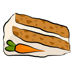 isolated hand-drawn a slice of carrot cake, a piece of carrot cake, carrot cake with cream cheese frosting and carrot on top, outline drawing, hand draw vector line art,  restaurant concept