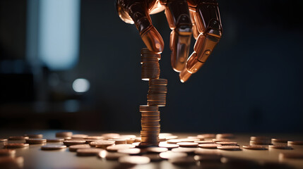a robot hand builds a tower of pennies. Generative AI