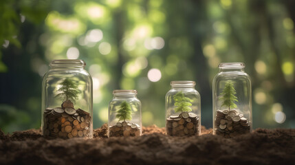 jars full of coins and plants arranged in the forest. Generative AI