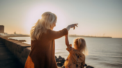 mother shows her daughter the sea and enjoys mother's day. Generative AI