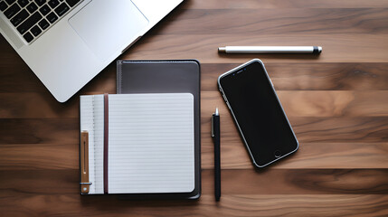 laptop, smartphone, pen and notebook lying on wooden desk. Generative AI