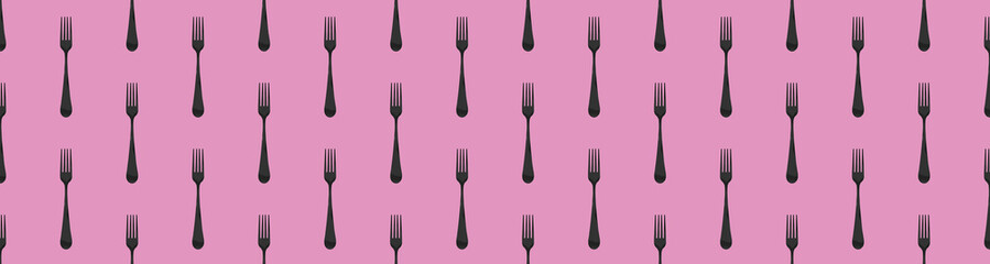 pattern. Fork top view on pastel purple background. Template for applying to surface. Horizontal image. Flat lay. 3D image. 3D rendering. Banner for insertion into site.