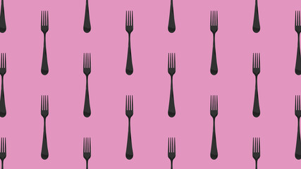 pattern. Fork top view on pastel purple background. Template for applying to surface. Horizontal image. Flat lay. 3D image. 3D rendering. Banner for insertion into site.