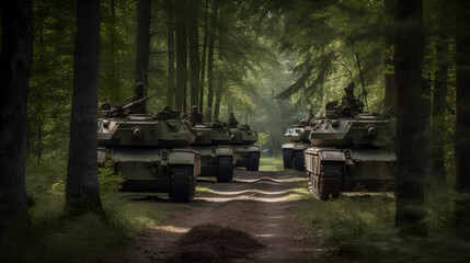 Ukrainian tanks in the forest are waiting for a spring counterattack. Generative AI