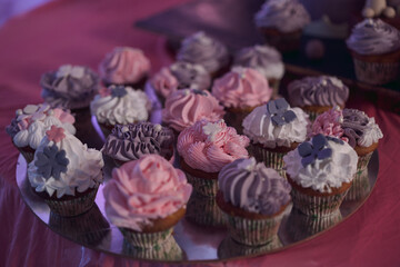 A beautiful  tasty cake in birthday party. selective focus, shallow depth of field, follow focus, blur.