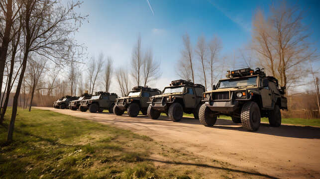 armored jeeps stand and wait for the Ukrainian counterattack. Generative AI