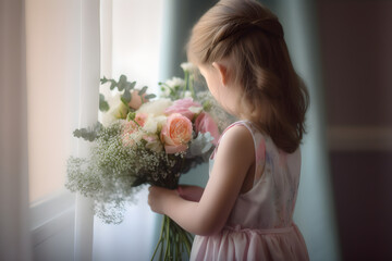 the girl is holding a bouquet of flowers and is preparing to congratulate her mother on the occasion of Mother's Day. Generative AI