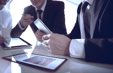 business people working on tablet computer and notebook. Generative AI