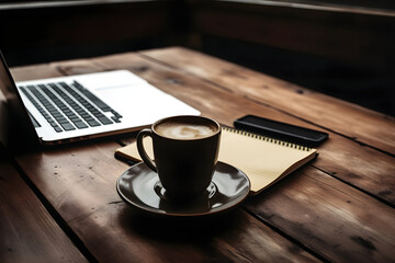 cup of coffee and laptop on the table. Generative AI