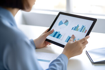 business people working on tablet. Woman holding tablet and watching statistics. Generative AI