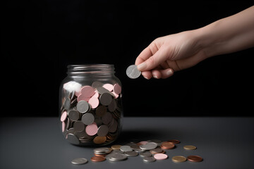Coins in glass jar. Hand putting coins in jar. Saving money. Generative AI