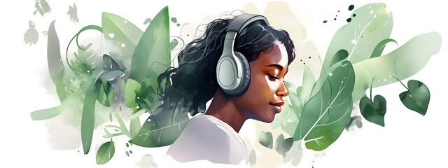 Girl listening music in large wireless headphones