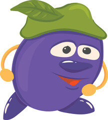 A funny lilac plum in a hat runs. Fruit in vector on a white background.