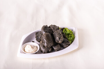 vegan deep fried crispy black charcoal beancurd tofu with salad tartar creamy white sauce vegetable on wood table asian chinese appetiser snack banquet halal food menu for restaurant gourmet buffet, 