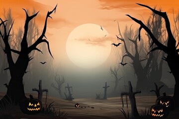 Halloween background Spooky forest with dead trees and pumpkins