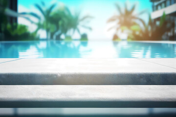 Empty poolside surface with blurred summer pool. Generative ai.