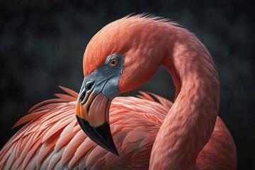 A close up of a flamingo with a black background created with Generative AI 