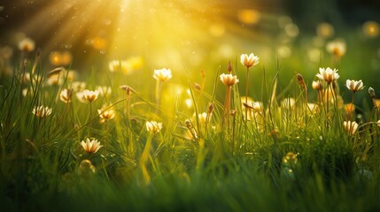 Plakat Beautiful meadow and sky spring sunrise background, Generative AI