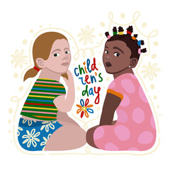 Children's Day. Vector isolated illustration of two little girls sitting and playing together.