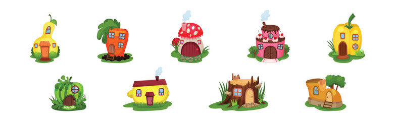 Fairy Garden Houses Rested on Green Lawn Vector Set