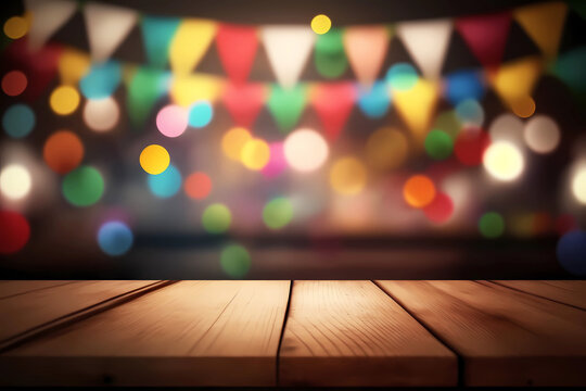 Empty wooden table and blurred birthday background for product placement. Generative ai.