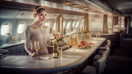 Stewardess pours champagne into glasses. Attractive woman flight attendant in private jet. Generative AI. 