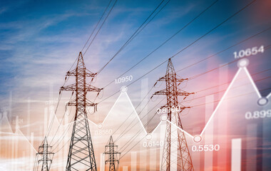 high-voltage power lines against the backdrop of the sunset sky with graphs of electricity...