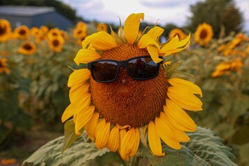 Closeup of black sunglasses on a sunflower in a field with a blurry background