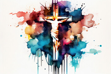 Watercolor abstract crucifix of christian. Generative ai.
