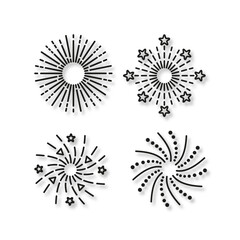 Firework icons set. Line sparkle explosion. Happy new year shiny symbol. Burst stars and sparks. Vector illustration. Outline birthday party elements isolated on white background.