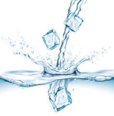 Transparent realistic vector  water jet steam and splash and ice cubes on light background