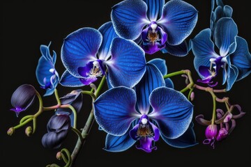 Fototapeta na wymiar blue flowers on a black background. Generative AI