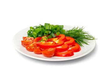 Chopped Green Onion, Dill and Bell Pepper, Greens and Vegetables Cuts on Plate Isolated, Spring Vegetables
