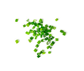 Fototapeta premium Green Onion Cuts Isolated, Scattered Fresh Chive Pile, Chopped Green Leek, Scallion Greens Pieces Chopped