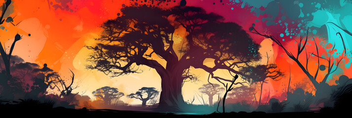 Beautiful landscape - African savannah with accacia and baobab trees landscape painting, vibrant safari wallpaper. Horizontal format