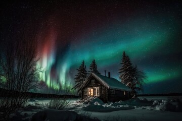 cozy cabin surrounded by snow with the mesmerizing aurora lights dancing in the sky. Generative AI